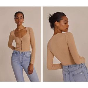Favorite Daughter Kate Ribbed Corset Bustier Top Tan Small Long Sleeves